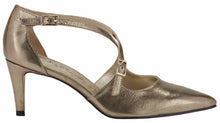 Side view of the Stella. A mid bronze leather high heel with two delicate straps that crisscross over the front. This two and a half inch heel has a pointed toe and two small buckles on the straps. Available in wide width and extra wide widths.
