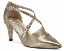 Image of the Stella. A mid bronze leather high heel with two delicate straps that crisscross over the front. This two and a half inch heel has a pointed toe and two small buckles on the straps. Available in wide width and extra wide widths.