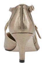 Back view of the Stella. A mid bronze leather high heel with two delicate straps that crisscross over the front. This two and a half inch heel has a pointed toe and two small buckles on the straps. Available in wide width and extra wide widths.