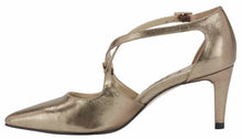 Side view of the Stella. A mid bronze leather high heel with two delicate straps that crisscross over the front. This two and a half inch heel has a pointed toe and two small buckles on the straps. Available in wide width and extra wide widths.