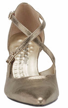Front view of the Stella. A mid bronze leather high heel with two delicate straps that crisscross over the front. This two and a half inch heel has a pointed toe and two small buckles on the straps. Available in wide width and extra wide widths.