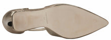 Bottom view of the Stella. A mid bronze leather high heel with two delicate straps that crisscross over the front. This two and a half inch heel has a pointed toe and two small buckles on the straps. Available in wide width and extra wide widths.
