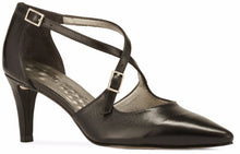 Image of the Stella. A black leather high heel with two delicate straps that crisscross over the front. This two and a half inch heel has a pointed toe and two small buckles on the straps. Available in wide width and extra wide widths.