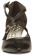 Front view of the Stella. A black leather high heel with two delicate straps that crisscross over the front. This two and a half inch heel has a pointed toe and two small buckles on the straps. Available in wide width and extra wide widths.