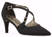 Image of the Stella. A black micro fabric high heel with two delicate straps that crisscross over the front. This two and a half inch heel has a pointed toe and two small buckles on the straps. Available in wide width and extra wide widths.