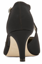 Back view of the Stella. A black micro fabric high heel with two delicate straps that crisscross over the front. This two and a half inch heel has a pointed toe and two small buckles on the straps. Available in wide width and extra wide widths.