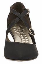Front view of the Stella. A black micro fabric high heel with two delicate straps that crisscross over the front. This two and a half inch heel has a pointed toe and two small buckles on the straps. Available in wide width and extra wide widths.