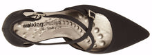 Top view of the Stella. A black micro fabric high heel with two delicate straps that crisscross over the front. This two and a half inch heel has a pointed toe and two small buckles on the straps. Available in wide width and extra wide widths.