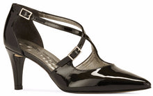 Image of the Stella. A black patent leather high heel with two delicate straps that crisscross over the front. This two and a half inch heel has a pointed toe and two small buckles on the straps. Available in wide width and extra wide widths.