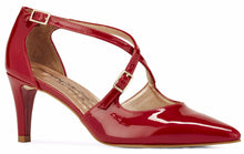 Image of the Stella. A red patent leather high heel with two delicate straps that crisscross over the front. This two and a half inch heel has a pointed toe and two small buckles on the straps. Available in wide width and extra wide widths.